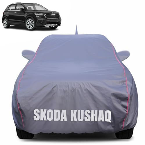 Image of 100% Waterproof Car Body Cover for Skoda Kushaq with Mirror Pocket (Heat & UV Resistant, Triple Stitched, Soft Lining, Bottom Elastic & Piping) Grey