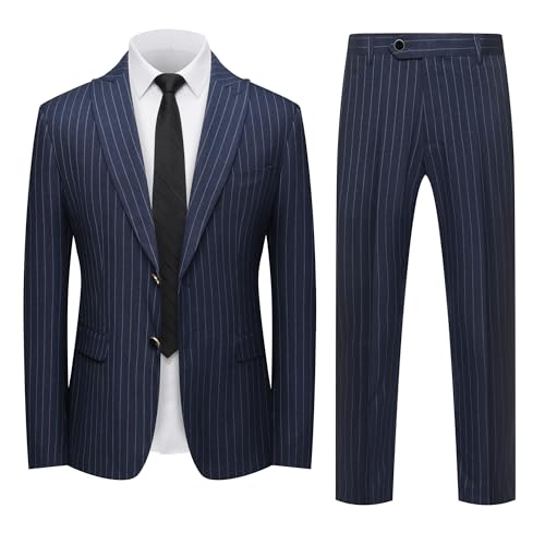 Men's Two-Piece Suit, Single-Button Slim-Fitting Formal Wedding and Ball Gown Suit with Blue Stripes (US, Alpha, X-Small, Regular, Regular, Blue Stripes)