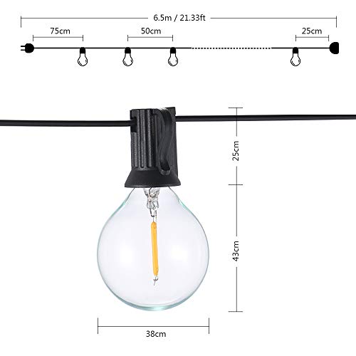 Tomshine G40 - Guirnalda de luces LED para exteriores, 6,5 m, 12 bombillas con 1 bombilla de repuesto, para bodas en /Xmas/fiesta, IP44 impermeable [clase energética A+]