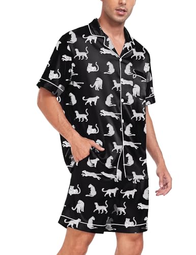SWOMOG Men Satin Silk Pajamas Sets Short Sleeve Sleepwear Button-Down PJs Sets Two-Pieces Loungewear with Pockets Black Leopard Small4
