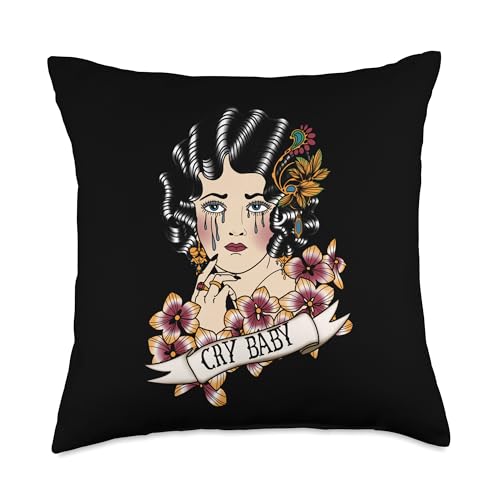 Cry Baby American Traditional, Old School Lady Tattoo Throw Pillow