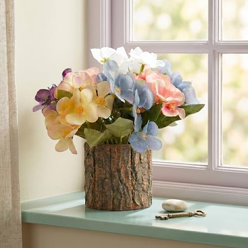 Image of Dekorly Artificial Multicolor Hydrangea Flower with Real Wooden Planter Vase (22CM) | Lifelike Faux Floral Arrangement for Home, Office & Table Decor (Hydrangea Floral)