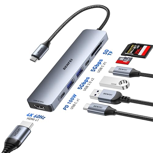Image of BENFEI 7-in-1 USB C Hub with HDMI(4K@60Hz), 2 USB-A, 1 USB-C Data, 100W Charge, SD /TF Card Reader, Silicone Tangle-Free Cable Compatible with MacBook Pro /Air, iPad Pro, iMac, iPhone 15 Pro /Pro Max