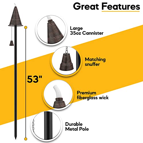 Legends Direct Set of 4, Hawaiian Series Premium Metal Torches, 53\" Tall- Tiki Style/w Snuffer, Fiberglass Wick & Large 35oz Oil Lamp, Stylish Luau Flame Torches (Brushed Bronze)