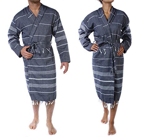 Cacala Hooded Bathrobe Pestemal Fabric 100% Turkish Cotton Kimono Unisex Black, Large/X-Large (BOR-CEP-Black-L)