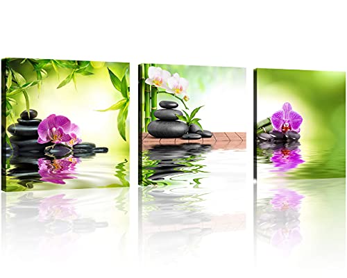 TutuBeer Zen Art 3 Panels Spa Decor Spa Stone Zen Basalt Stones and Orchid Pictures Canvas Painting Zen Pictures Prints on Canvas for Home Kitchen Wall Decor Stretched and Framed Each Panel 12x12inch
