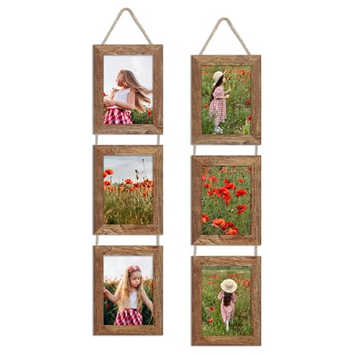 ccdcc 5x7 Collage Picture Frames Set of 2, Rustic Wooden Real Glass Vertical Hanging 3 Opening 5 by 7 Photo Frame, Rustic Brown