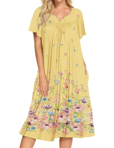 Image of Bloggerlove Mumu House Dress for Women with Pockets Short Sleeve Nightgowns | 15% Cotton, 80% Polyester, 5% Spandex, Floral Mumu House Dress, V-Neck, Short Sleeves, Midi Length, 2 Side Pockets, Lounging