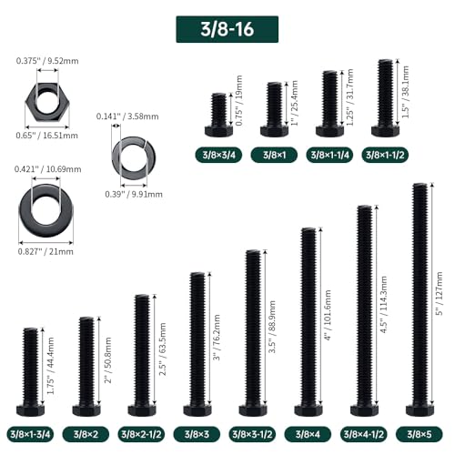 Image of 3 /8-16 x 1 Hex Bolts with Nuts and Washers (10 Sets), 18-8 (304) Stainless Steel, External Hex Drive, Black Oxide Coated Hexagon Head Bolts Screws, Fayeploo