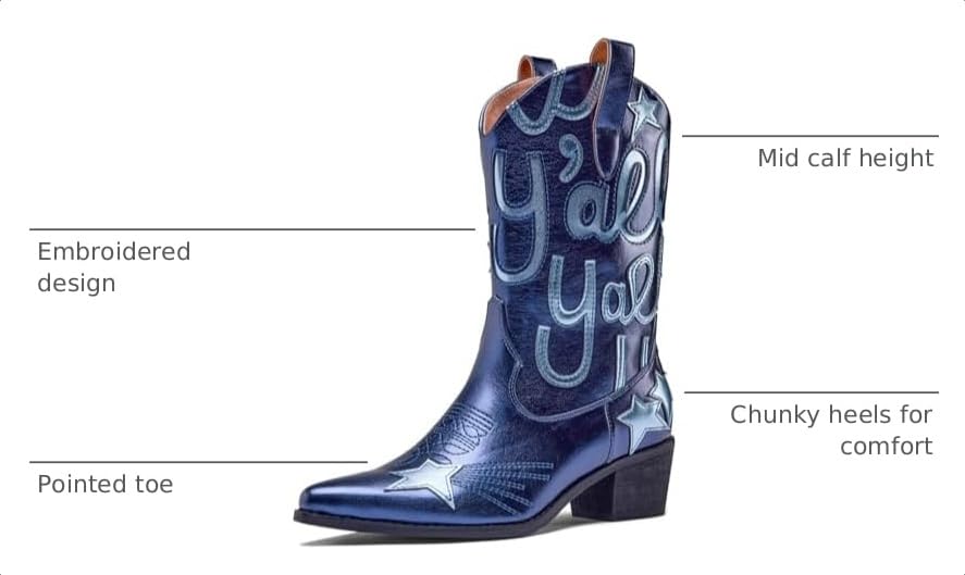 Image of Metallic Cowboy boots for Women Embroidered Mid Calf Womens Cowgirl Boots Western Pointed Toe Chunky Heel