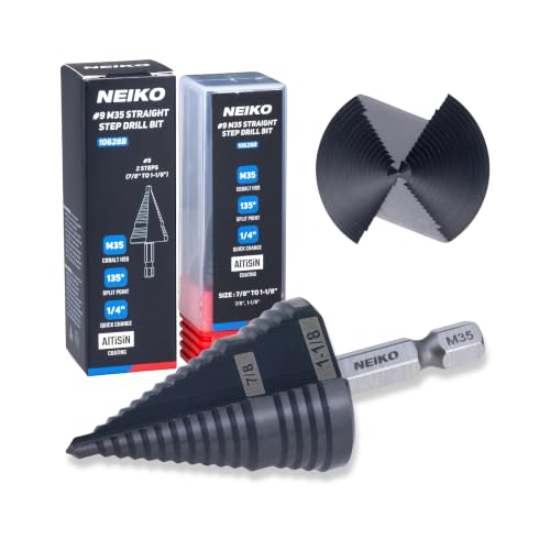 Image of NEIKO 10628B Step Drill Bit, 2 Steps 7 /8 inch to 1-1 /8 inch Straight M35 Cobalt, AlTiSiN Coated, 1 /4 inch Quick Change Step Bits for Steel, Metal, Wood, Plastic, Unibit Cone Drill Bits, Two Flute