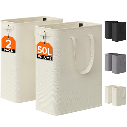 Lifewit 2 Pack Slim Laundry Hamper, Collapsible Narrow Laundry Basket, Small Tall Dirty Clothes Hampers with Handles for Bathroom Bedroom College Dorm, White, 50L