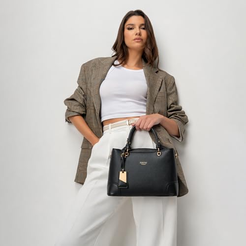 Image of EXOTIC Premium Caramel Edge Structured Handbag for Women | Dual Tone Satchel Bag | Multi-Compartment | Top Handle with Adjustable Sling Strap | Textured PU Leather