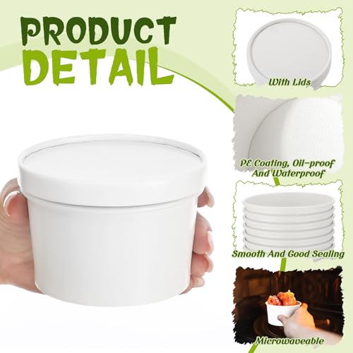 Image of Fulmoon 6 oz 100 Pack Paper Containers with Lids Soup Bowl Cup, White | Disposable Ice Cream Cup, Kraft Food Containers with Vented Lid Stackable for Hot Soup Dessert Cake Fruit Microwave Takeout