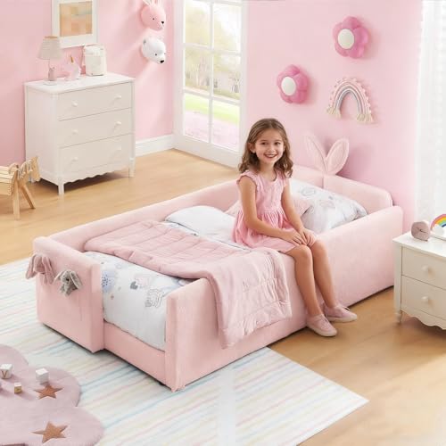 Image of Twin Bed Frames with Rails for Girls, Boucle Upholstered Daybed Frame with Padded Guardrail& Side Pocket, Toddler Kids Bed No Box Spring Needed, Fits Standard Twin Mattress (Cute Rabbit Ear, Pink)