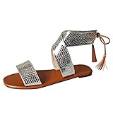 Julhold Sandalen Offen Strandschuhe Hauschuhe Mode Frauen Schleifen Korkoptik Sommer Schnürung Strand Quaste Open Toe Atmungsaktive Sandalen Schuhe Freizeit Offene Slide Sandalen(Silber,40)