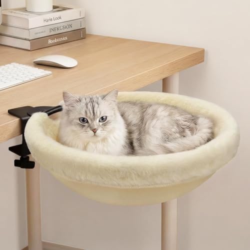 Petcozife Cat Desk Bed 16x16 Sturdy Rotating Cat Bed for Desk with Removable Washable Soft Fabric Hammock Cover Stable Holds Up to 50 lbs Space Saving Cat Perch for Home Office Game Table
