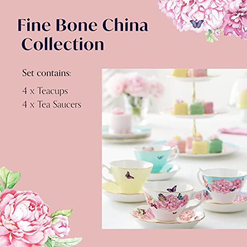 Royal Albert - Miranda Kerr 8 Piece Teacup and Saucer Gift Set - Vintage Serving Set for 4, with Bone China Tea Cup and Saucer Set - Multicolour Butterfly & Floral Pattern