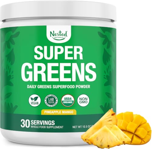 Nested Naturals Super Greens Daily Superfood Powder - Certified USDA Organic Green Powder w/Whole Foods, Spirulina, Wheat & Barley Grass - Probiotics, Fiber & Enzymes - Pineapple Mango, 30 Servings