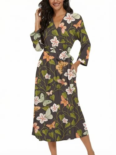 Image of VINTATRE Robes for Women Long Knit Bathrobe XS-4XL | 3 /4 Sleeve Bathrobes with Pockets, Stretchy and Lightweight Fabric, Inner Tie and Fixed Outer Matching Belt, Mid Calf Length