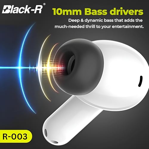 Image of Black-r Stylish Light Wireless in Ear Earbuds TWS with Noise Cancellation, HD Mic, 130H Playtime and Extra Bass, 45ms Low Latency Gaming with ENC, 13mm Bass Drivers Ear Buds TWS, R-003 (White)