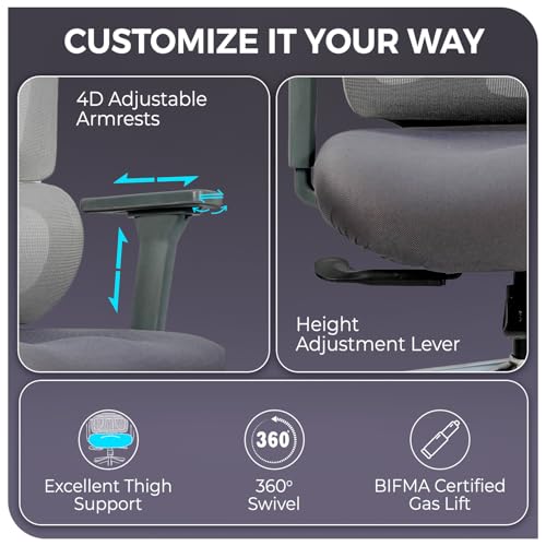 Image of CELLBELL Paris High Back Ergonomic Mesh Office Chair with Adjustable Headrest Armrests Lumbar Support Seat Slider Depth Height Adjustable 3D Arms Chrome Base 60mm Wheels 120kg Capacity (Grey)