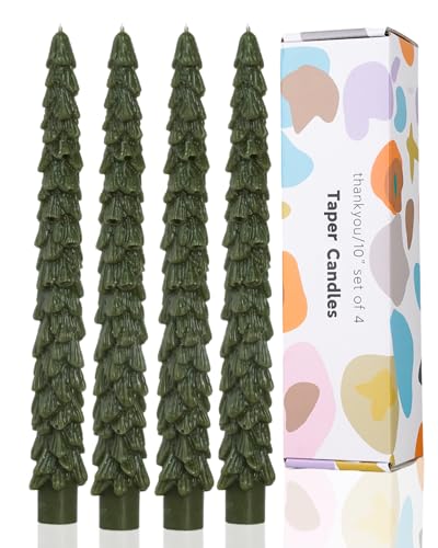 Christmas Tree Taper Candle Olive Candlestick Unscented Candle for Christmas Table Decor Winter Centerpieces Advent Displays Seasonal Home DecorSet of 4 10inch Olive