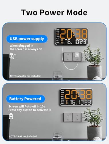Image of EASEPRES Digital Wall Clock 9 inch LED Large Display, Electronic Wall Mounted & Desk Clock, Day Date Temperature Dual Alarm, 5-Level Adjustable Brightness, USB Powered for Bedroom Office Home (Orange)