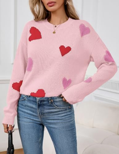 Image of Women's Cute Heart Sweaters Fall Casual Long Sleeve Knit Pullover Tops | 2026 Trendy Crew Neck Ribbed Kint Sweater Oversized Winter Outfit Clothes