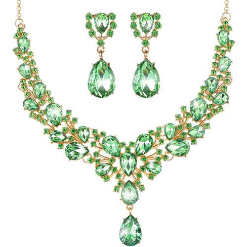 Hicarer Bridal Teardrop Cluster Crystal Jewelry Set for Women Necklace Earrings Wedding(Green Gold)