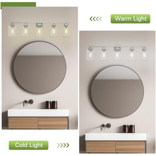 Image of 5 Light Bathroom Vanity Light - Brush Nickel Bathroom Light Fixtures Square Design & UL Certification, 31 Inch Long Light Fixtures Over Mirror for Bedroom & Restroom