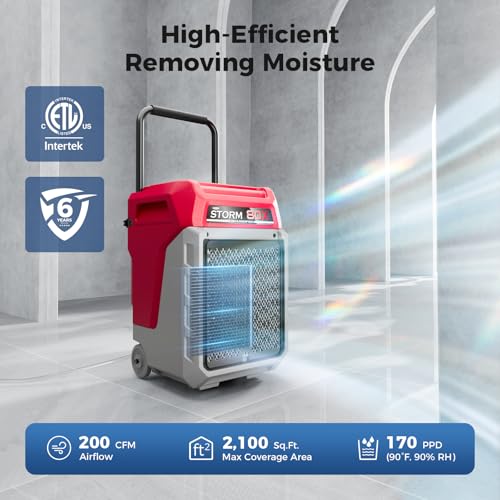 Image of ALORAIR 170 PPD Commercial Dehumidifier with Pump & Drain Hose, LGR Industrial Use, Portable Dehumidifier with Wheels for Water Damage Restore, Carpet Drying, 6-Year Limited Warranty, Storm 80X (Red)
