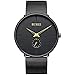 Produktbild BUREI Herrenuhren minimalistisch Ultradünn Schwarz Grosses Gesicht Gold-Zeiger Analog Unisex Quarz Armbanduhr mit schwarzem Edelstahlband