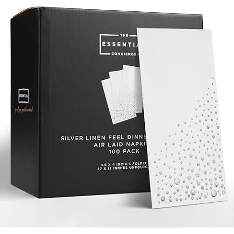 Stylish Silver Linen Feel Disposable Dinner Napkins, 100 Silver Napkins, Disposable 8.5x4.25 Inch Silver Dinner Napkins, Chrismtas Dinner Paper Napkins, Soft and Absorbent Silver Holiday Napkins Cover