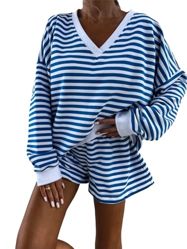 2 Piece Lounge Set Women Stripe Knit Long Sleeve V-Neck Top with Shorts, Shorts Casual Summer Loungewear Shorts Sets