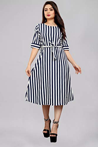 Image of AA Creation Women's Casual Crepe Striped Short Fit and Flare Western Dress (129, S, White Blue Striped One Piece)