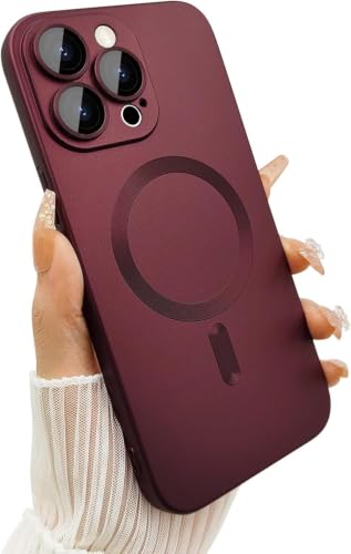 Image of DIZORO Magnetic Case for iPhone 14 Pro Max Cover [Compatible with MagSafe][Built-in Camera Lens Protector] Slim Soft Silicone Bumper Shockproof Metallic Luster Back Cover Phone Cases (Wine Red)
