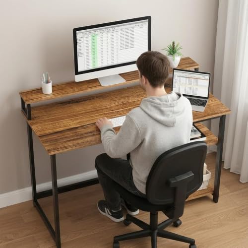 Image of Study Table with Monitor Stand| Small Home Office Desk with Ergonomic Monitor Stand| Reversible Computer Desk| Modern Study Desk| Laptop Desk| Walnut Cream| 120x60x75 CM