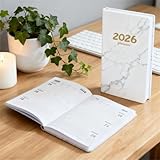 2026 Planner A6 White - Thick Paper PU Leather Hardcover, Weekly/Monthly/Daily Calendar, 120 Pages, Jan 2026-Dec 2026, 6.92' x 3.74', Back to School Supplies for Student Teacher A1