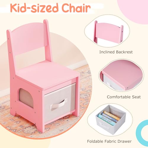 Image of Costzon Kids Vanity with Lights, Girls Vanity Set with Mirror, Storage Drawers, Cabinet & Shelves, Toddler Makeup Vanity Desk Dressing Table, Wooden Kids Vanity Table and Chair Set (Pink)