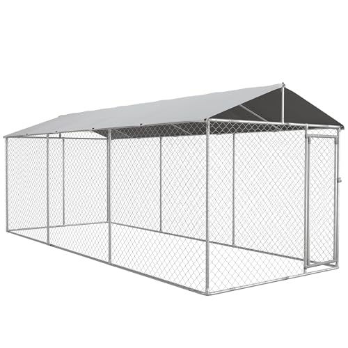 PawHut Kennel Recinto per Cani da Esterno, Recinto per Animali con Copertura Impermeabile, Gabbia per Cani in Acciaio, 600x230x230cm, Argento e Grigio