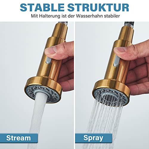 Danpiang Gold Kitchen Faucet,Commercial Stainless Steel Single Handle Pull Down Kitchen Sink Faucet With Deck Plate,Brushed Gold #TOP4