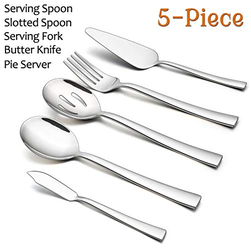 5-Piece Serving Utensils, E-far Stainless Steel Square Edge Hostess Serving Set for Buffet Party Kitchen Restaurant, Mirror Finished & Dishwasher Safe