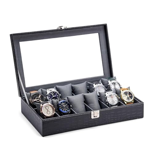 Image of Luxury 12-Slot Watch Display Case Organizer Box with Glass Viewing Lid, Premium PU Leather Exterior, Removable Velvet Cushion Pillows and Secure Metal Latch Lock for Men and Women