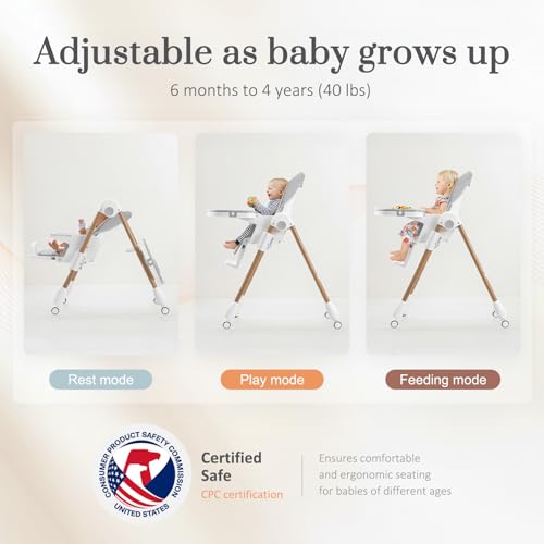 Image of Mallify Foldable High Chairs for Babies and Toddlers, 3-in-1 Convertible Baby High Chair with Removable Soft Cushion and Tray, Adjustable Height & Recline, Lockable Wheels, Ligh Gray