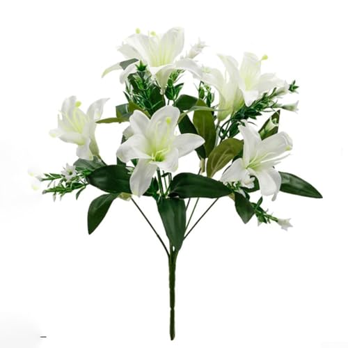 Ramo de lirios artificiales realistas con flores de seda para decoración de bodas y hogar, tamaño de 40 x 20 x 10 cm, arreglo floral de lirio falso de bajo mantenimiento (blanco)