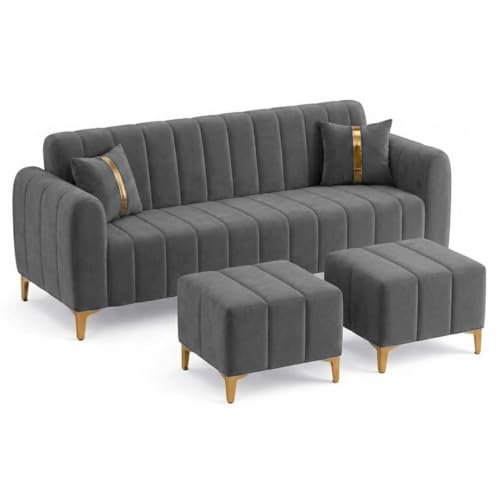 Image of FURNY Harmony 5 Seater L Shape Sofa Set with 2 Movable Ottoman & Golden Legs | Flexible Left or Right Layout | Plush Velvet Fabric (Dark Grey) | Perfect for Living Room, Guest Room, Office