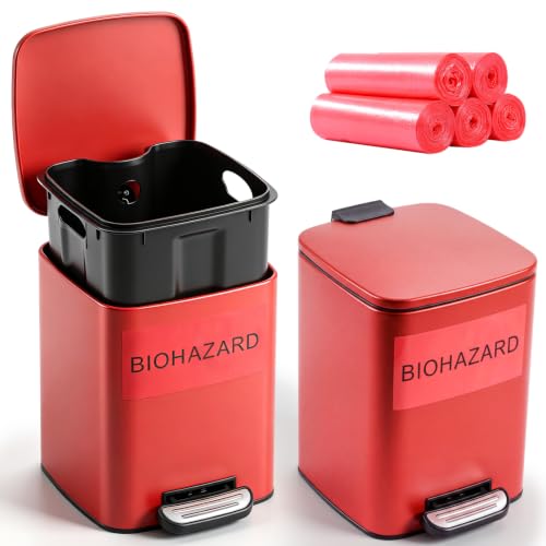 Image of Geiserailie 2 Set 1.6 Gallon Stainless Steel Biohazard Trash Can with Foot-operated Self-closing Lid, with Biohazard Labels & Bags for Lab Medical Hospital Industrial Infectious Waste Disposal, Square