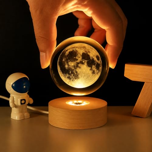 Image of 3D Moon Crystal Ball Night Lamp with Wooden Base, USB Warm White LED Lights