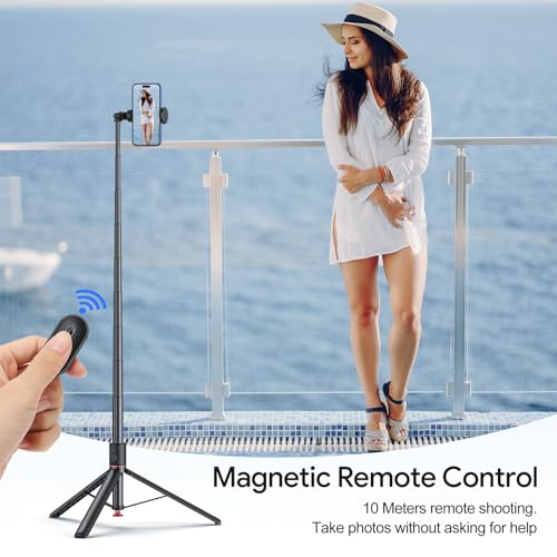 OMOTON 69 Selfie Stick Handy Stativ, Automatisch Aufklappbares Selfie Stick Stativ mit Magnetischer Bluetooth Fernbedienung, Ausziehbares Aluminium-Handystativhalter für iPhone Android, Schwarz